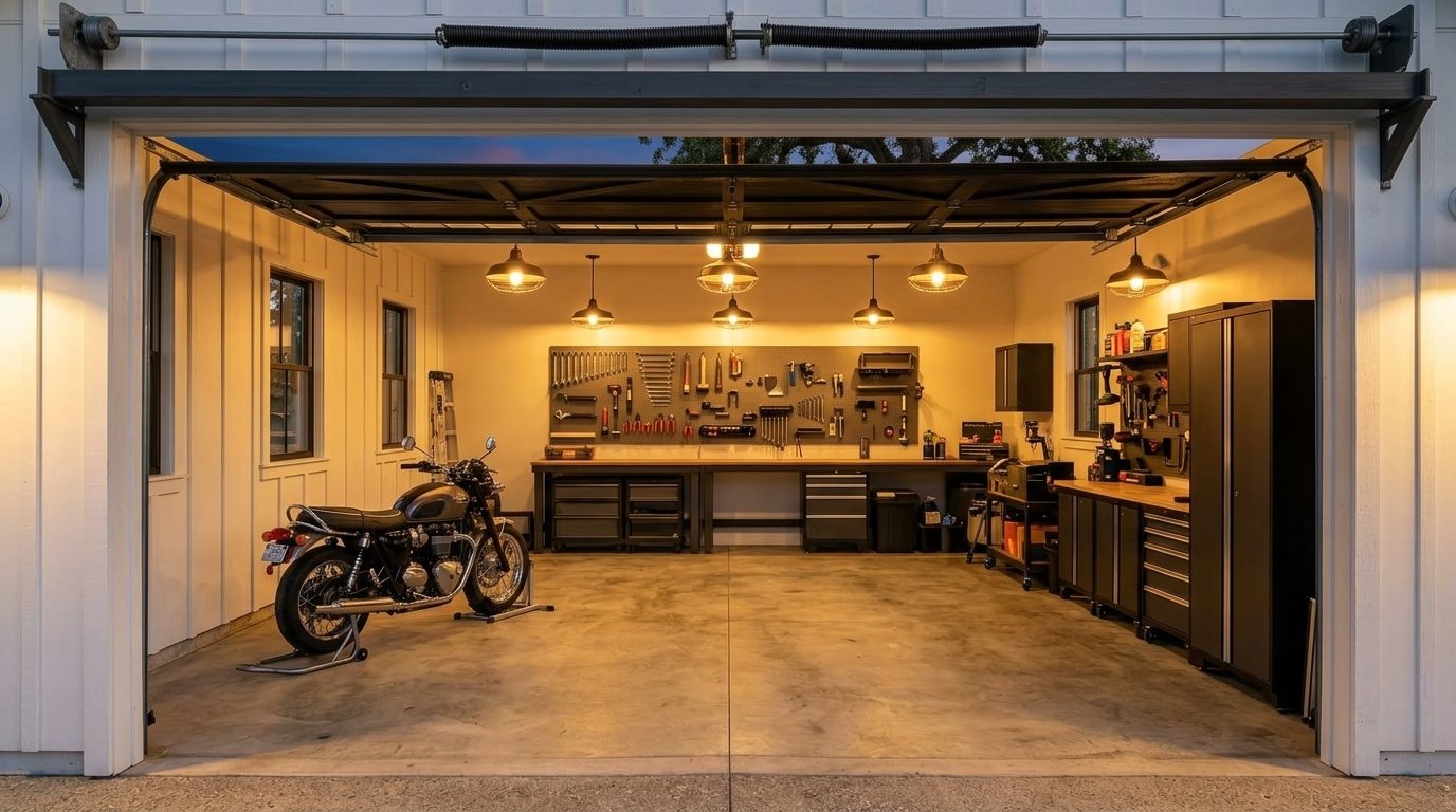 Jacob Local Garage Door Interior View of Custom Garage Door Overhead and Workshop